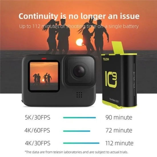 TELESIN 3 Slots Charger with 2 Batteries for GoPro 9/10/11 - Black